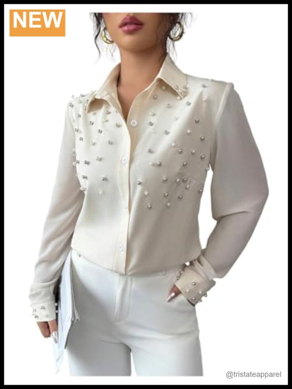 Pearl Beaded Button Down Long Sleeve Shirt Blouse Women Office Work